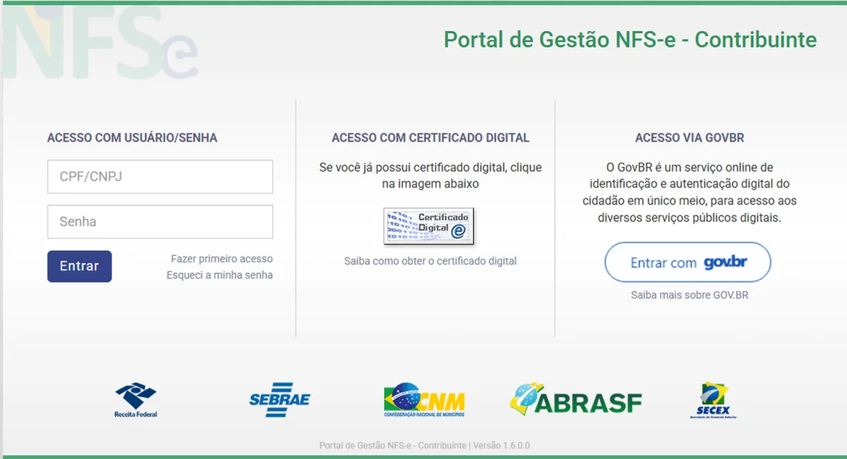 Tela inicial do Portal de Gestão NFS-e – Contribuinte, com o bloco de acesso por usuário e senha destacado à esquerda